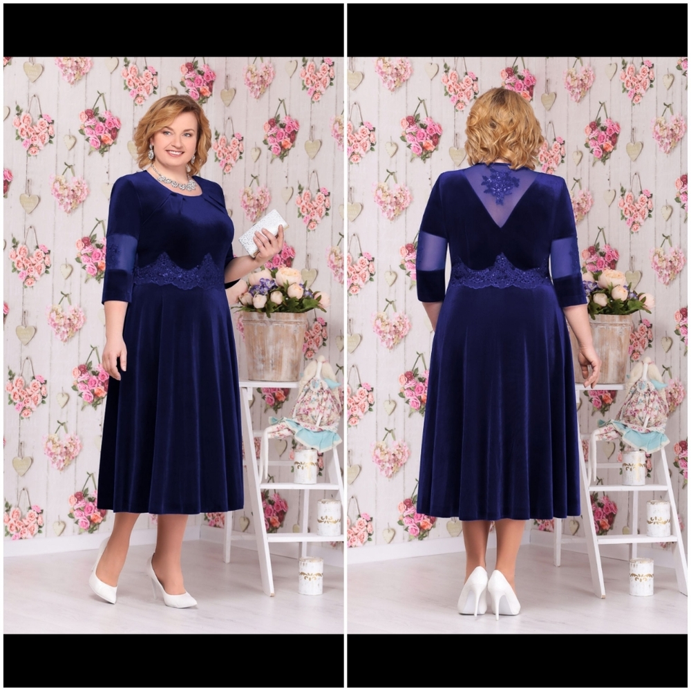 NATURAL VELOUR DARK BLUE FASHION DESIGNER PLUS SIZE WOMEN DRESS